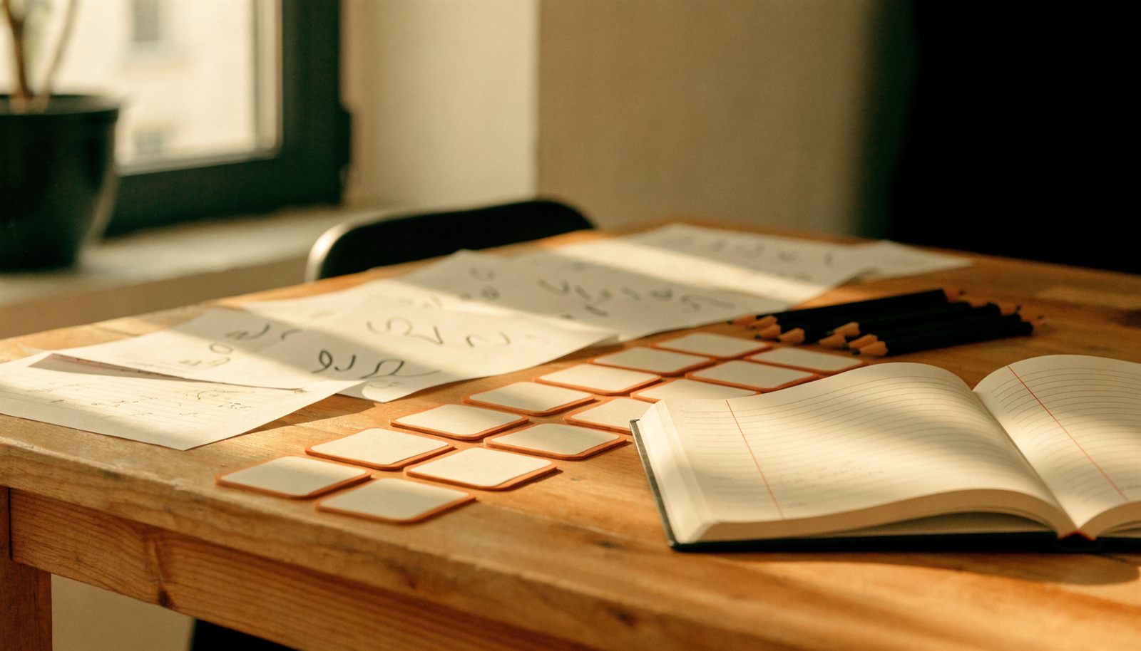 Home learning table with worksheets, pencils, and progress cards in warm morning light