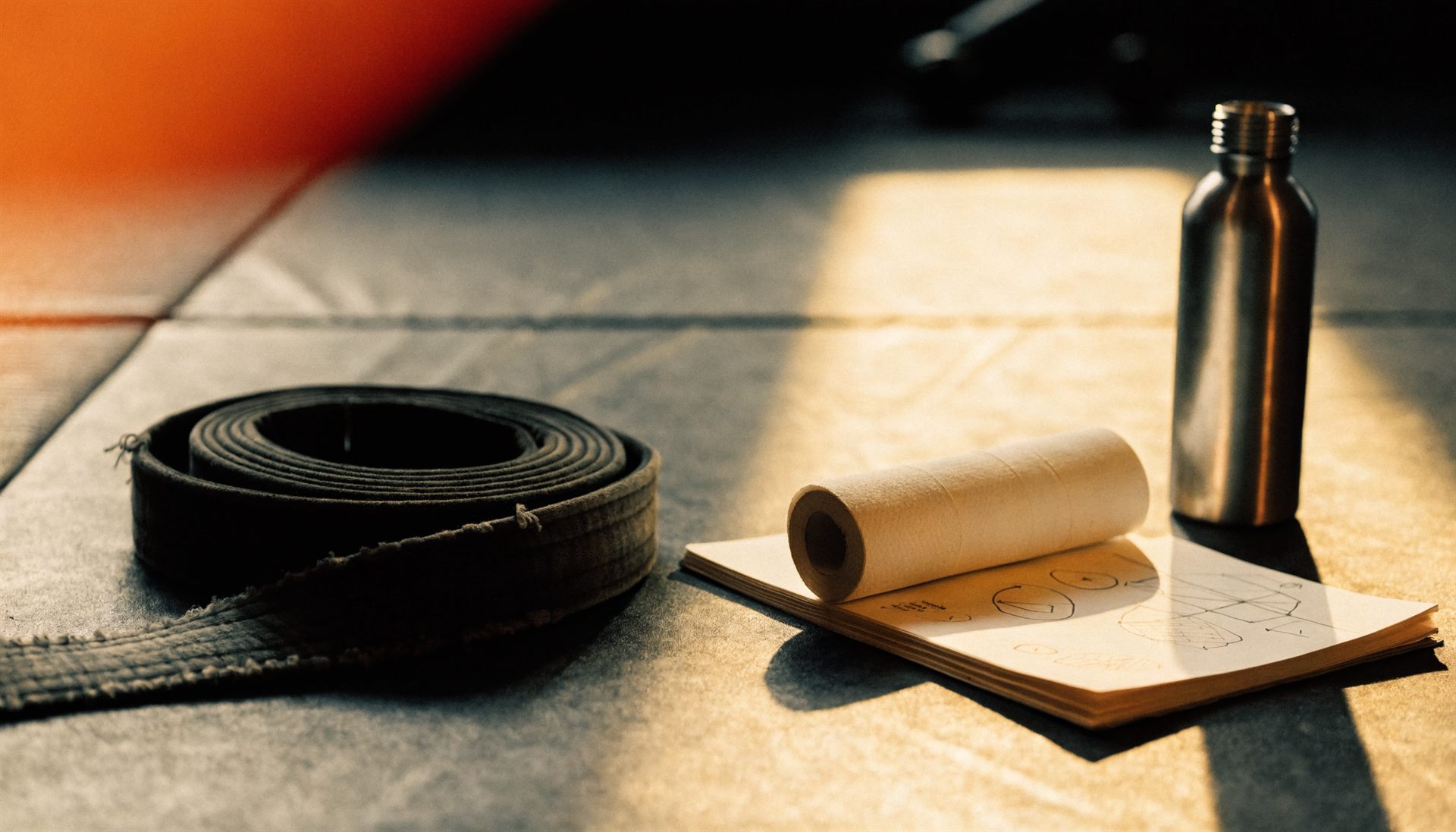 Worn belt coiled on black training mats beside a notebook of positional diagrams, finger tape, and a water bottle